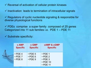  Reversal of activation of cellular protein kinases
 Inactivation leads to termination of intracellular signals
 Regulators of cyclic nucleotide signaling & responsible for
diverse physiological functions
 PDEs comprise a super family composed of 25 genes
Categorized into 11 sub families i.e. PDE 1 – PDE 11
 Substrate specificity:
c AMP
Specific
c GMP
Specific
cAMP & cGMP
Specific
• PDE 4
• PDE 7
• PDE 8
• PDE 5
• PDE 6
• PDE 9
• PDE 1
• PDE 2
• PDE 3
• PDE 10
• PDE 11
 