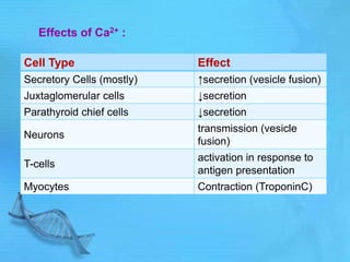 Cell Type Effect
Secretory Cells (mostly) ↑secretion (vesicle fusion)
Juxtaglomerular cells ↓secretion
Parathyroid chief cells ↓secretion
Neurons
transmission (vesicle
fusion)
T-cells
activation in response to
antigen presentation
Myocytes Contraction (TroponinC)
Effects of Ca2+ :
 