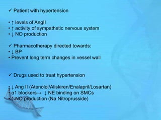  Patient with hypertension
• ↑ levels of AngII
• ↑ activity of sympathetic nervous system
• ↓ NO production
 Pharmacotherapy directed towards:
• ↓ BP
• Prevent long term changes in vessel wall
 Drugs used to treat hypertension
• ↓ Ang II (Atenolol/Aliskiren/Enalapril/Losartan)
• α1 blockers→ ↓ NE binding on SMCs
• ↑ NO production (Na Nitroprusside)
 