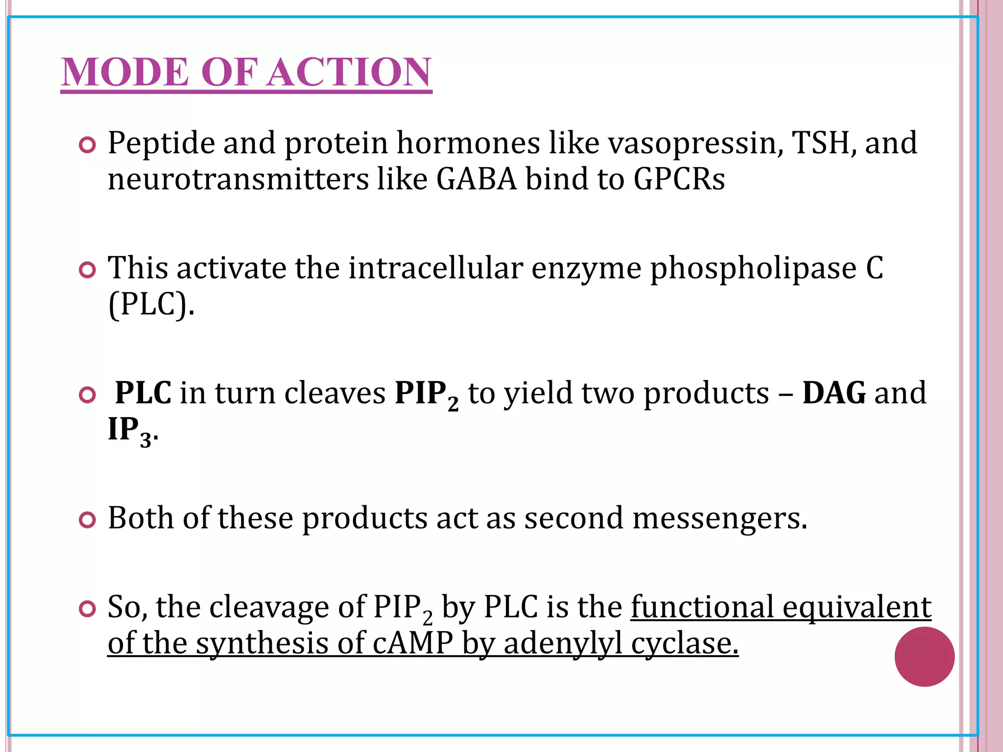 MODE OF ACTION
 Peptide and protein hormones like vasopressin, TSH, and
neurotransmitters like GABA bind to GPCRs
 This activate the intracellular enzyme phospholipase C
(PLC).
 PLC in turn cleaves PIP2 to yield two products – DAG and
IP3.
 Both of these products act as second messengers.
 So, the cleavage of PIP2 by PLC is the functional equivalent
of the synthesis of cAMP by adenylyl cyclase.
 