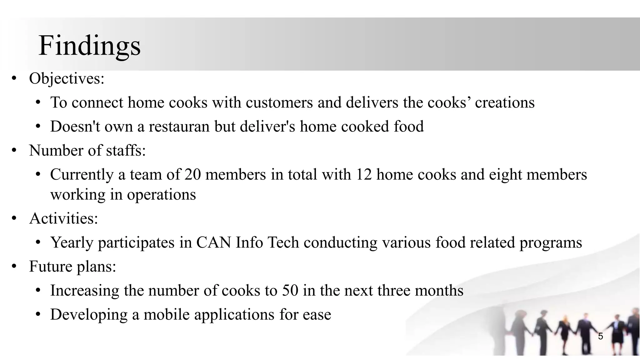 Findings
• Objectives:
• To connect home cooks with customers and delivers the cooks’ creations
• Doesn't own a restauran but deliver's home cooked food
• Number of staffs:
• Currently a team of 20 members in total with 12 home cooks and eight members
working in operations
• Activities:
• Yearly participates in CAN Info Tech conducting various food related programs
• Future plans:
• Increasing the number of cooks to 50 in the next three months
• Developing a mobile applications for ease
5
 