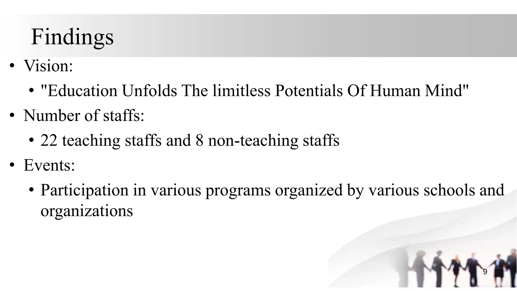 Findings
• Vision:
• "Education Unfolds The limitless Potentials Of Human Mind"
• Number of staffs:
• 22 teaching staffs and 8 non-teaching staffs
• Events:
• Participation in various programs organized by various schools and
organizations
9
 