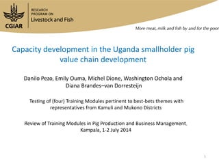 Capacity development in the Uganda smallholder pig
value chain development
Danilo Pezo, Emily Ouma, Michel Dione, Washington Ochola and
Diana Brandes–van Dorresteijn
Testing of (four) Training Modules pertinent to best-bets themes with
representatives from Kamuli and Mukono Districts
Review of Training Modules in Pig Production and Business Management,
Kampala, 1-2 July 2014
1
 