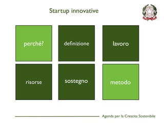 Startup innovative



perché?          lavoro
               deﬁnizione            lavoro




risorse        sostegno             metodo




                               Agenda per la Crescita Sostenibile
                                                                    D
 