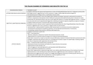 47
THE ITALIAN CHAMBER OF COMMERCE AND INDUSTRY FOR THE UK
DENOMINAZIONE PROSPEX “DESIGNED IN LAZIO”
SETTORE/TERRITORIO/FILIERA INTERESSATI
Il progetto è destinato alle imprese laziali appartenenti ai settori del Design/Moda/Italian Style (incl. l’Artigianato artistico) della
filiera degli Accessori e oggettistica per la casa, la persona e il regalo. Il paese target del presente progetto di
internazionalizzazione è il Regno Unito e, in particolare, l’area di Londra.
OBIETTIVO E CARATTERISTICHE PRINCIPALI
Il progetto intende presentare il Lazio come regione della creatività e del design, favorendo la realizzazione di occasioni di
confronto e cooperazione internazionale al fine di rafforzare la percezione dei prodotti del Lazio presso il mercato UK. Inoltre,
considerando che l’attrattività di Roma e del Lazio è anche legata alle tradizioni e ai prodotti dell’artigianato artistico – un settore
che come anche altre aree di specializzazione legate alla creatività può recuperare capacità competitiva se capace di rinnovarsi –
il progetto intende promuovere l’innovazione del sistema produttivo regionale.
Tali obiettivi verranno realizzati tramite il supporto all’internazionalizzazione dei settori Design/Moda/Italian Style (filiera degli
Accessori e oggettistica per la casa, la persona e il regalo) tramite una serie di azioni:
- promozionali per il riposizionamento competitivo delle imprese laziali e la conclusione di accordi di collaborazione;
- di orientamento e formazione di competenze specifiche a servizio dell’internazionalizzazione e l’innovazione;
- di networking, scambio di best practices e diffusione delle opportunità.
ATTIVITA’ PREVISTE
Il progetto è strutturato in quattro fasi:
FASE 1 – Fase preparatoria
- Ideazione, produzione, traduzione di materiali informativi/promozionali, siti web
- Organizzazione di un seminario online con esperti UK in materia di internazionalizzazione
Output attesi: Creazione di un report sul sito web di ciascuna PMI laziale; creazione di materiali informativi e promozionali relativi
al progetto, realizzazione del seminario online con il coinvolgimento di almeno 3 esperti UK (aspetti legali, marketing, logistica
etc); messa a disposizione della registrazione del seminario online.
FASE 2 – Introduzione delle imprese laziali sul mercato UK
- Realizzazione di azioni di promozione nell’ambito di un evento fieristico internazionale
- Organizzazione di visite aziendali in UK
- Servizi di viaggio per il personale dipendente o gli imprenditori delle PMI beneficiarie
- Messa a disposizione di piattaforme di e-commerce
Output attesi: organizzazione e allestimento degli stand / area collettiva delle PMI laziali presso la fiera londinese Top Drawer;
organizzazione di 2-3 visite aziendali presso imprese di Accessori e oggettistica per la casa, la persona e il regalo in UK;
organizzazione del viaggio aereo A/R, transfer in UK, alloggio della delegazione italiana per le attività previste nelle Fasi 2 e 3;
inserimento dei prodotti laziali sulle due piattaforme e-commerce globali per 4 mesi.
FASE 3 – Rafforzamento delle imprese laziali sul mercato UK
 