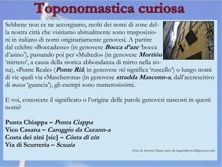 Sebbene non ce ne accorgiamo, molti dei nomi di zone del-
la nostra città che visitiamo abitualmente sono trasposizio-
ni in italiano di nomi originariamente genovesi. A partire
dal celebre «Boccadasse» (in genovese Bocca d’aze ‘bocca
d’asino’), passando poi per «Multedo» (in genovese Mortiòu
‘mirteto’, a causa della storica abbondanza di mirto nella zo-
na), «Ponte Reale» (Ponte Riâ; in genovese riâ significa ‘ruscello’) o lungo nomi
di vie quali via «Mascherona» (in genovese stradda Masconn-a, dall’accrescitivo
di masca ‘guancia’), gli esempi sono numerosissimi.
E voi, conoscete il significato o l’origine delle parole genovesi nascosti in questi
nomi?
Punta Chiappa – Ponta Ciappa
Vico Casana – Caroggio da Cazann-a
Costa dei zini [sic] – Còsta di zin
Via di Scurreria – Scuaia
(Foto di Antonio Figari, tratto da isegretideivicolidigenova.com)
 