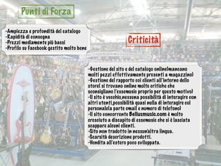 Punti di Forza
Criticità
-Ampiezza e profondità del catalogo
-Rapidità di consegna
-Prezzi mediamente più bassi
-Profilo su Facebook gestito molto bene
-Gestione del sito e del catalogo online(mancano
molti pezzi effettivamente presenti a magazzino)
-Gestione del rapporto coi clienti all’interno dello
store( si trovano online molte critiche che
sconsigliano l’essemusic proprio per questo motivo)
-Il sito è vecchio,nessuna possibilità di interagire con
altri utenti,possibilità quasi nulla di interagire col
personale(a parte email e numero di telefono)
-Il sito concorrente Bellusmusic.com è molto
cresciuto a discapito di essemusic che si è lasciata
scappare alcuni clienti.
-Sito non tradotto in nessun’altra lingua.
-Scarsità descrizione prodotti.
-Vendita all’estero poco sviluppata.
 