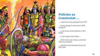 30
…I will hire only people from IIT?
…every project must earn 40%
margin?
…I can trust only Indians in the
field?
…I can’t pay more than...
…CEO must see every customer
communication
…people must be kept busy all
the time
Policies as
Constraint ...
 