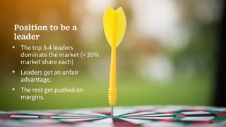 44
• The top 3-4 leaders
dominate the market (> 20%
market share each)
• Leaders get an unfair
advantage.
• The rest get pushed on
margins.
Position to be a
leader
 