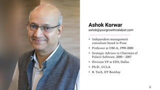 Ashok Korwar
ashok@yourgrowthcatalyst.com
• Independent management
consultant based in Pune
• Professor at IIM-A, 1990-2000
• Strategic Advisor to Chairman of
Polaris Software, 2000 – 2007
• Division VP at EDS, Dallas
• Ph.D., UCLA
• B. Tech, IIT Bombay
6
 