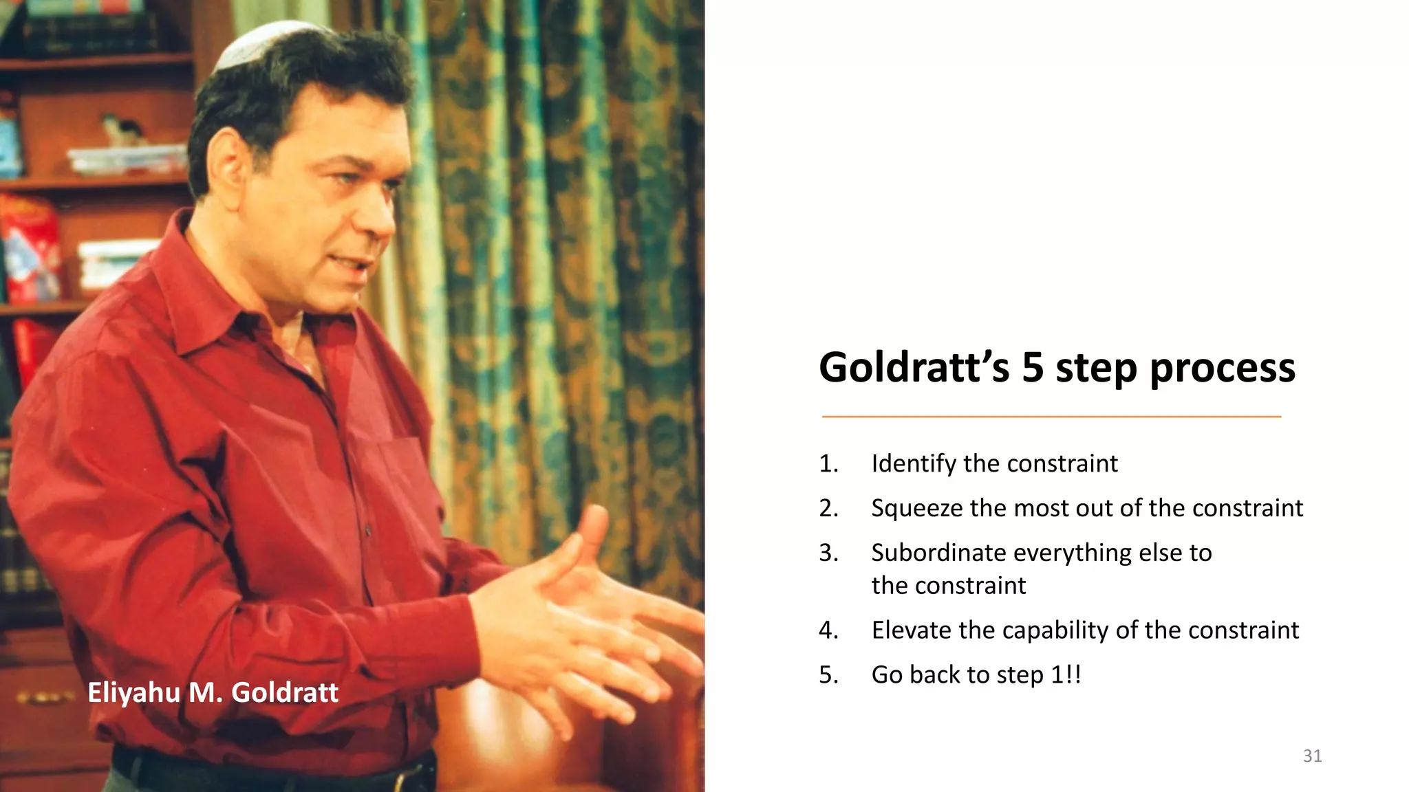 Eliyahu M. Goldratt
1. Identify the constraint
2. Squeeze the most out of the constraint
3. Subordinate everything else to
the constraint
4. Elevate the capability of the constraint
5. Go back to step 1!!
Goldratt’s 5 step process
31
 