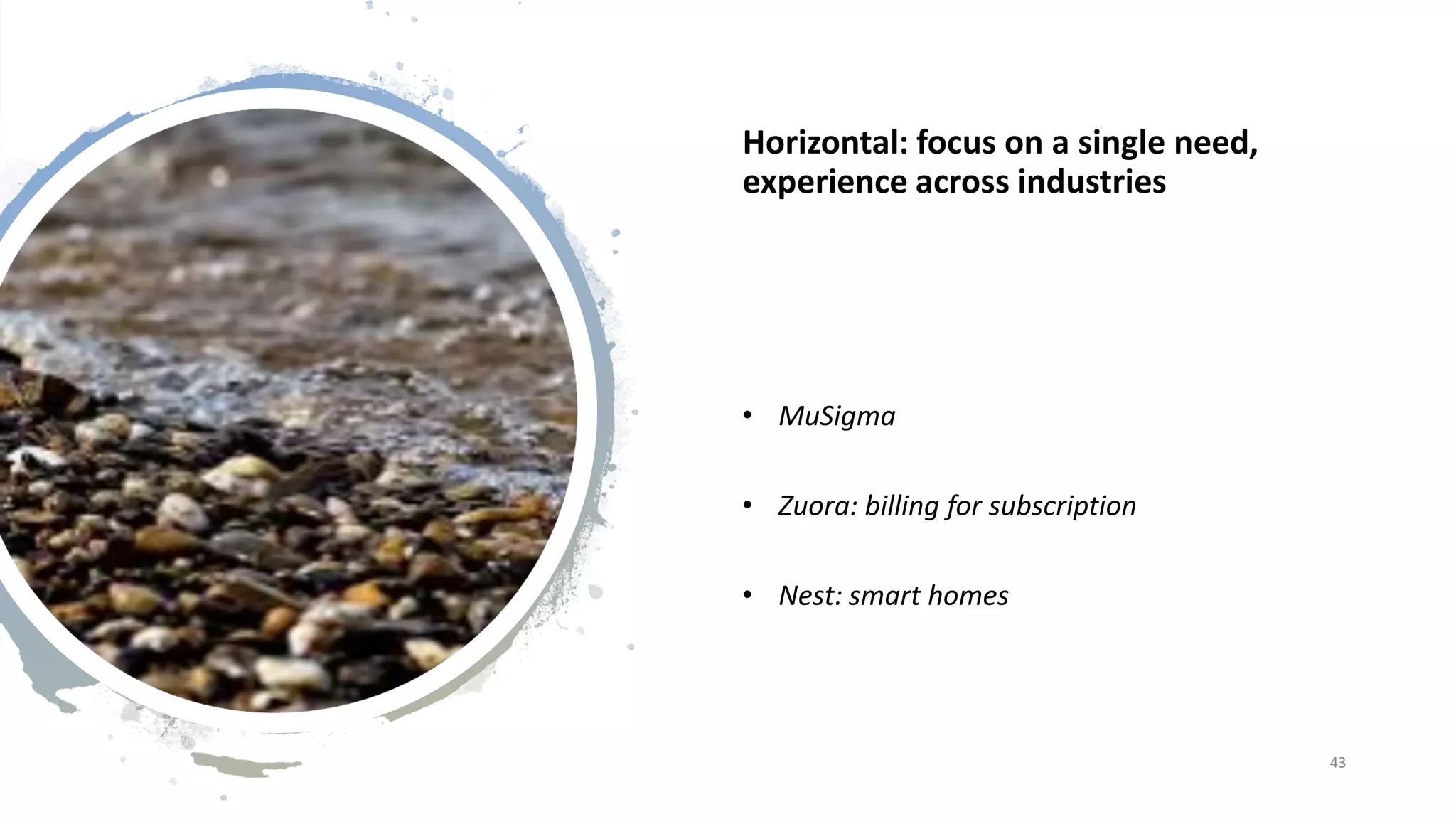 Horizontal: focus on a single need,
experience across industries
• MuSigma
• Zuora: billing for subscription
• Nest: smart homes
43
 
