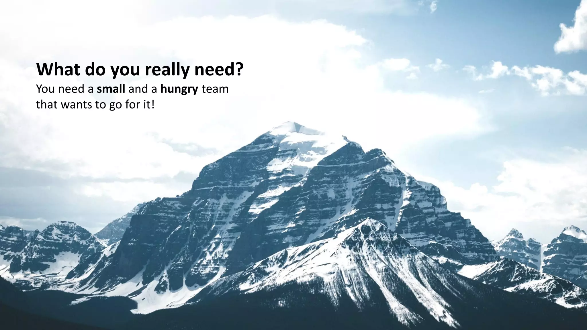 What do you really need?
You need a small and a hungry team
that wants to go for it!
 