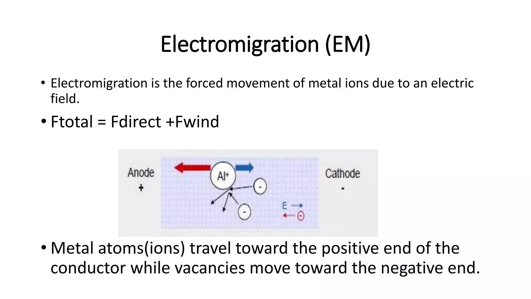 Electromigration (EM)
• Electromigration is the forced movement of metal ions due to an electric
field.
• Ftotal = Fdirect +Fwind
• Metal atoms(ions) travel toward the positive end of the
conductor while vacancies move toward the negative end.
 