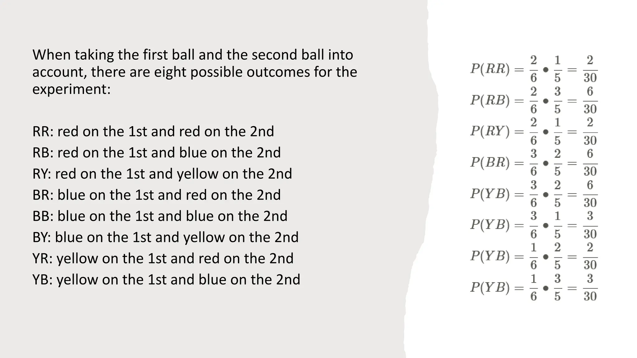 When taking the first ball and the second ball into
account, there are eight possible outcomes for the
experiment:
RR: red on the 1st and red on the 2nd
RB: red on the 1st and blue on the 2nd
RY: red on the 1st and yellow on the 2nd
BR: blue on the 1st and red on the 2nd
BB: blue on the 1st and blue on the 2nd
BY: blue on the 1st and yellow on the 2nd
YR: yellow on the 1st and red on the 2nd
YB: yellow on the 1st and blue on the 2nd
 