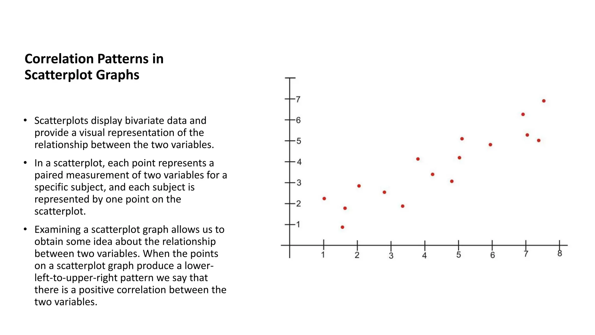 Correlation Patterns in
Scatterplot Graphs
• Scatterplots display bivariate data and
provide a visual representation of the
relationship between the two variables.
• In a scatterplot, each point represents a
paired measurement of two variables for a
specific subject, and each subject is
represented by one point on the
scatterplot.
• Examining a scatterplot graph allows us to
obtain some idea about the relationship
between two variables. When the points
on a scatterplot graph produce a lower-
left-to-upper-right pattern we say that
there is a positive correlation between the
two variables.
 