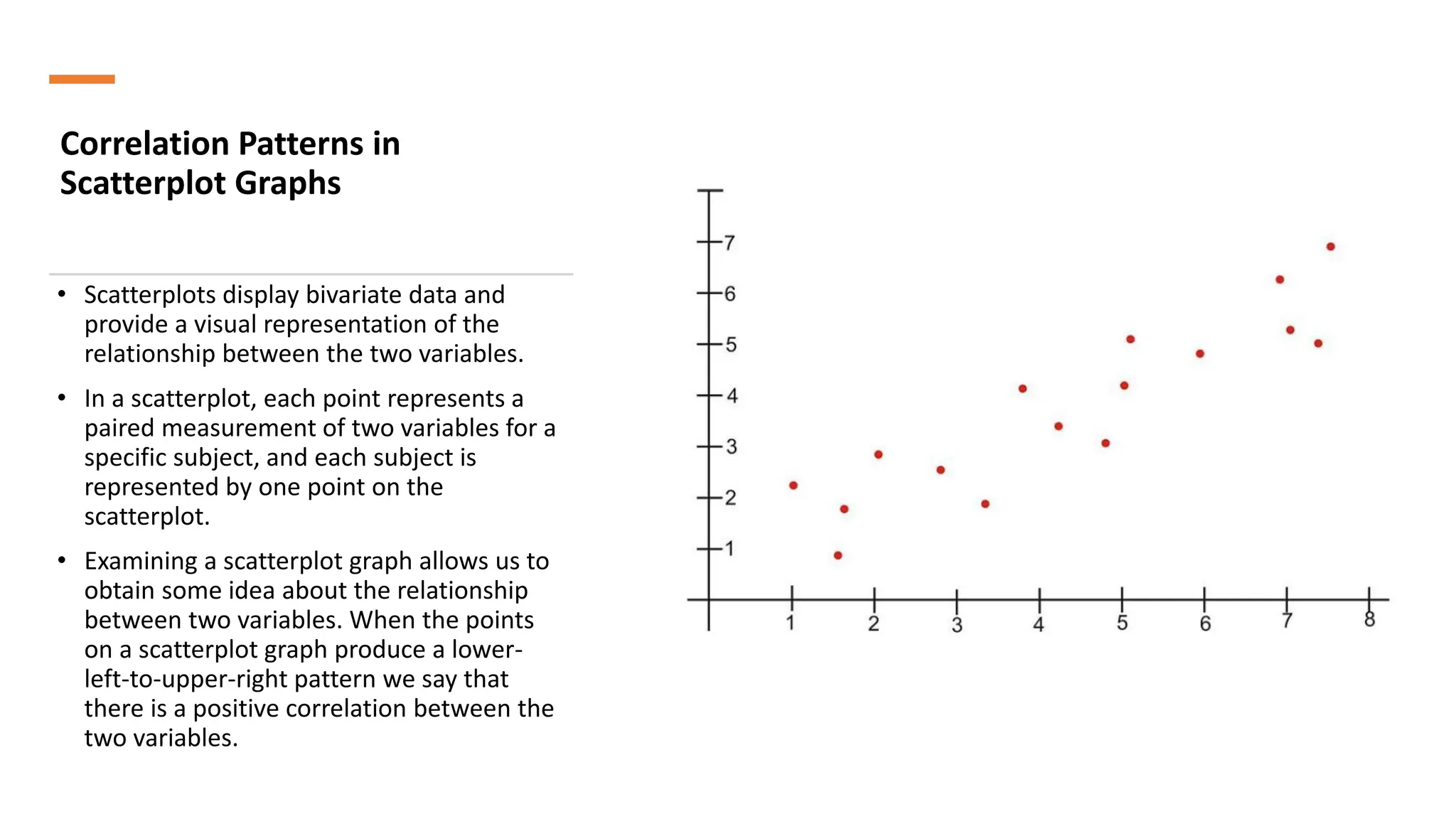 Correlation Patterns in
Scatterplot Graphs
• Scatterplots display bivariate data and
provide a visual representation of the
relationship between the two variables.
• In a scatterplot, each point represents a
paired measurement of two variables for a
specific subject, and each subject is
represented by one point on the
scatterplot.
• Examining a scatterplot graph allows us to
obtain some idea about the relationship
between two variables. When the points
on a scatterplot graph produce a lower-
left-to-upper-right pattern we say that
there is a positive correlation between the
two variables.
 