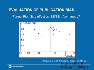 EVALUATION OF PUBLICATION BIAS
 Funnel Plot: Size effect vs. SE/SS ; Asymmetry?




                      De Luca G et al. Am Heart J 2007; 153:343-53
                                        Meta-analysis II l
                                        October 10, 2012 l
 