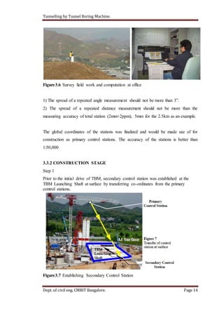 Tunnelling by Tunnel Boring Machine.
Dept. of civil eng. CMRIT Bangalore. Page 14
Figure3.6 Survey field work and computation at office
1) The spread of a repeated angle measurement should not be more than 3”.
2) The spread of a repeated distance measurement should not be more than the
measuring accuracy of total station (2mm+2ppm), 5mm for the 2.5km as an example.
The global coordinates of the stations was finalized and would be made use of for
construction as primary control stations. The accuracy of the stations is better than
1:50,000
3.3.2 CONSTRUCTION STAGE
Step 1
Prior to the initial drive of TBM, secondary control station was established at the
TBM Launching Shaft at surface by transferring co-ordinates from the primary
control stations.
Figure3.7 Establishing Secondary Control Station
 