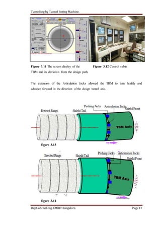 Tunnelling by Tunnel Boring Machine.
Dept. of civil eng. CMRIT Bangalore. Page 17
Figure 3.11 The screen display of the Figure 3.12 Control cabin
TBM and its deviation from the design path.
The extension of the Articulation Jacks allowed the TBM to turn flexibly and
advance forward in the direction of the design tunnel axis.
Figure 3.13
Figure 3.14
 