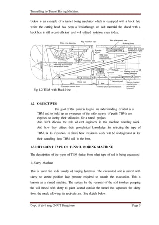 Tunnelling by Tunnel Boring Machine.
Dept. of civil eng. CMRIT Bangalore. Page 3
Below is an example of a tunnel boring machines which is equipped with a back hoe
whilst the cutting head has been a breakthrough on soft material the shield with a
back hoe is still a cost efficient and well utilized solution even today.
Fig 1.2 TBM with Back Hoe
1.2 OBJECTIVES
The goal of this paper is to give an understanding of what is a
TBM and to build up an awareness of the wide variety of perils TBMs are
exposed to during their utilization for a tunnel project.
And we’ll discuss the role of civil engineers in this machine tunneling work.
And how they utilizes their geotechnical knowledge for selecting the type of
TBM, & its execution. In future how maximum work will be underground & for
their tunneling how TBM will be the best.
1.3 DIFFERENT TYPE OF TUNNEL BORING MACHINE
The description of the types of TBM derive from what type of soil is being excavated
1. Slurry Machine
This is used for soils usually of varying hardness. The excavated soil is mixed with
slurry to create positive face pressure required to sustain the excavation. This is
known as a closed machine. The system for the removal of the soil involves pumping
the soil mixed with slurry to plant located outside the tunnel that separates the slurry
from the muck allowing its recirculation. See sketch below.
 