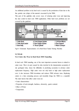 Tunnelling by Tunnel Boring Machine.
Dept. of civil eng. CMRIT Bangalore. Page 31
An additional problem in dry hard rock is caused by the production of dust due to the
fine particle size (chips) of the material excavated by the TBM.
This part of the guideline only covers ways of reducing cutter wear and improving
the dust control in hard rock TBM applications. Other hard rock problems are not
covered by this guideline.
Fig.9.1 Schematic Representation of a Hard Rock Tunnel Boring Machine
9.2 WEAR
9.2.1 Cutter disc Wear in Hard Rock TBM Tunnelling
In hard rock TBM tunneling, one of the most important economic factors is related to
cutter wear. This is in part caused by risks involved in the interpretation accurately of
site geological data, hence the difficulties in predicting accurately in advance cutter
replacement frequency. High cutter wear not only leads to high cutter replacement
cost, it also increases TBM downtimes and reduces TBM advance rates. Replacing
cutters is a time consuming process and invariably brings the TBM to a standstill.
The main factors that affect cutter wear are:
• Cutter characteristics
• Properties of rock (strength, hardness, abrasively, quartz content)
• Effect of Water
• Temperature.
 