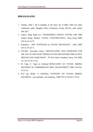 Tunnelling by Tunnel Boring Machine.
Dept. of civil eng. CMRIT Bangalore. Page 40
BIBLIOGRAPHY
1. Training, which I did in tunneling, on the metro site of Delhi, which was under
construction under Shanghai Urban Construction Group (SUCG), joint venture
with L&T.
2. Andrew Hung Shing Lee, “ENGINEERING SURVEY SYSTEM FOR TBM
(Tunnel Boring Machine TUNNEL CONSTRUCTION)”, Hong Kong ISBN
978-56-56-65-55
3. Kolymbass, 2005 “TUNNELING & TUNNEL MECHANICS”, 2005, ISBN
456-23-59-20-12
4. EFNARC Association House, "SPECIFICATION AND GUIDELINES FOR
THE USE OF SPECIALIST PRODUCTS FOR MECHANISED TBM IN SOFT
GROUND AND HARD ROCK"., 99 West Street Faranham, Surrey, UK ISBN
111-419-23-45-71-83
5. M. Cigla, S. Yagiz & l.Ozdemir,"APPLICATION OF TUNNEL BORING
MACHINES IN UNDERGROUND MINE DEVELOPMENT" ISBN 298-826-
67-91-55
6. Prof. jian ZHAQ “A GENERAL OVERVIEW ON TUNNEL BORING
MACHINES”, rock mechanics and tunnelling. ISBN 925-45-20-88-51-59-61
 