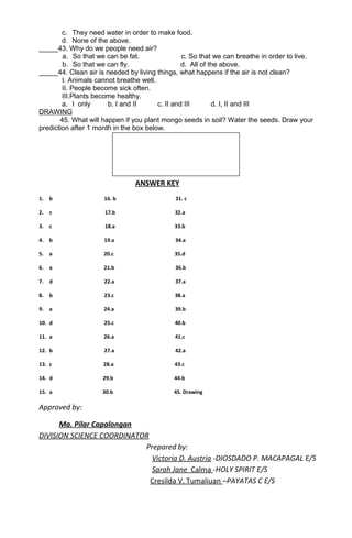 c. They need water in order to make food. 
d. None of the above. 
_____43. Why do we people need air? 
a. So that we can be fat. c. So that we can breathe in order to live. 
b. So that we can fly. d. All of the above. 
_____44. Clean air is needed by living things, what happens if the air is not clean? 
I. Animals cannot breathe well. 
II. People become sick often. 
III.Plants become healthy. 
a. I only b. I and II c. II and III d. I, II and III 
DRAWING 
45. What will happen if you plant mongo seeds in soil? Water the seeds. Draw your 
prediction after 1 month in the box below. 
ANSWER KEY 
1. b 16. b 31. c 
2. c 17.b 32.a 
3. c 18.a 33.b 
4. b 19.a 34.a 
5. a 20.c 35.d 
6. a 21.b 36.b 
7. d 22.a 37.a 
8. b 23.c 38.a 
9. a 24.a 39.b 
10. d 25.c 40.b 
11. a 26.a 41.c 
12. b 27.a 42.a 
13. c 28.a 43.c 
14. d 29.b 44.b 
15. a 30.b 45. Drawing 
Approved by: 
Ma. Pilar Capalongan 
DIVISION SCIENCE COORDINATOR 
Prepared by: 
Victoria D. Austria -DIOSDADO P. MACAPAGAL E/S 
Sarah Jane Calma -HOLY SPIRIT E/S 
Cresilda V. Tumaliuan –PAYATAS C E/S 
