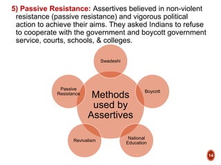 5) Passive Resistance: Assertives believed in non-violent
resistance (passive resistance) and vigorous political
action to achieve their aims. They asked Indians to refuse
to cooperate with the government and boycott government
service, courts, schools, & colleges.
14
Methods
used by
Assertives
Swadeshi
Boycott
National
Education
Revivalism
Passive
Resistance
 