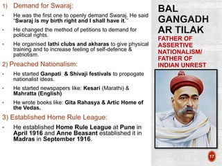 FATHER OF
ASSERTIVE
NATIONALISM/
FATHER OF
INDIAN UNREST
17
1) Demand for Swaraj:
• He was the first one to openly demand Swaraj. He said
“Swaraj is my birth right and I shall have it.’’
• He changed the method of petitions to demand for
political rights.
• He organised lathi clubs and akharas to give physical
training and to increase feeling of self-defence &
patriotism.
2) Preached Nationalism:
• He started Ganpati & Shivaji festivals to propogate
nationalist ideas.
• He started newspapers like: Kesari (Marathi) &
Mahratta (English)
• He wrote books like: Gita Rahasya & Artic Home of
the Vedas.
3) Established Home Rule League:
• He established Home Rule League at Pune in
April 1916 and Anne Beasant established it in
Madras in September 1916.
 