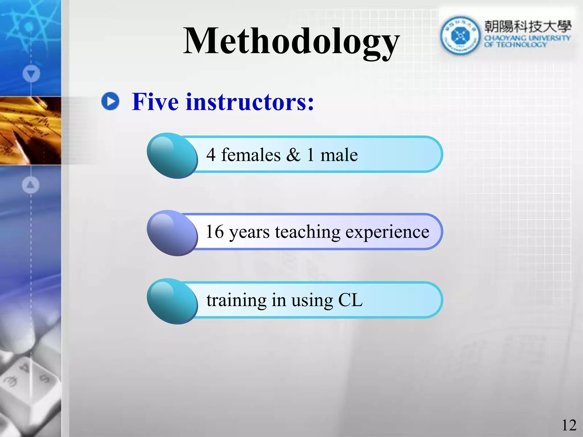 1Click to add Title4 females & 1 male2Click to add Title16 years teaching experience1Click to add Titletraining in using CLMethodologyFive instructors:12