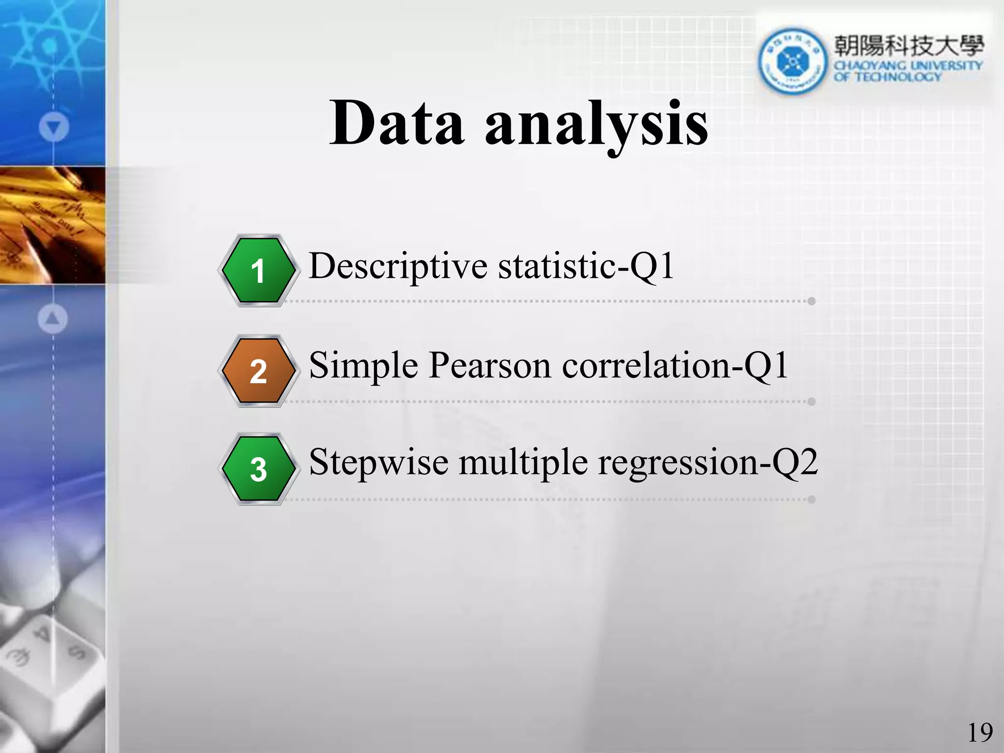 123Data analysis Descriptive statistic-Q1Simple Pearson correlation-Q1Stepwise multiple regression-Q219