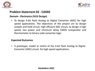 Hackathon 2022
Problem Statement 02 - CAD02
Domain - Electronics (VLSI Design)
• To design 4-bit flash Analog to Digital Converter (ADC) for high
speed applications. The objectives of the project are to design
sample and hold circuit, high efficient DAC circuit, to design a high
speed, low power and minimum delay CMOS comparator and
thermometer to binary code convertor logic
Expected Outcomes
• A prototype, model or netlist of the 4-bit flash Analog to Digital
Converter (ADC) circuit for high speed applications.
 