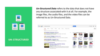 Un-Structured Data refers to the data that does not have
any structure associated with it at all. For example, the
image files, the audio files, and the video files can be
referred to as Un-Structured Data.
 