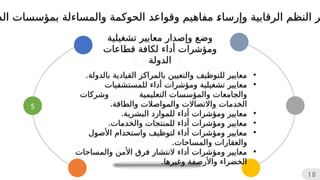 5
18
•
.‫بالدولة‬ ‫القيادية‬ ‫بالمراكز‬ ‫والتعيين‬ ‫للتوظيف‬ ‫معايير‬
•
‫للمستشفيات‬ ‫أداء‬ ‫ومؤشرات‬ ‫تشغيلية‬ ‫معايير‬
‫وشركات‬ ‫التعليمية‬ ‫والمؤسسات‬ ‫والجامعات‬
‫وال‬ ‫واالتصاالت‬ ‫الخدمات‬
‫م‬
‫و‬
‫ا‬
.‫والطاقة‬ ‫صالت‬
•
.‫البشرية‬ ‫للموارد‬ ‫أداء‬ ‫ومؤشرات‬ ‫معايير‬
•
.‫والخدمات‬ ‫للمنتجات‬ ‫أداء‬ ‫ومؤشرات‬ ‫معايير‬
•
‫األصول‬ ‫واستخدام‬ ‫لتوظيف‬ ‫أداء‬ ‫ومؤشرات‬ ‫معايير‬
.‫والمساحات‬ ‫والعقارات‬
•
‫والمساحات‬ ‫األمن‬ ‫فرق‬ ‫النتشار‬ ‫أداء‬ ‫ومؤشرات‬ ‫معايير‬
.‫وغيرها‬ ‫واألرصفة‬ ‫الخضراء‬
‫تشغيلية‬ ‫معايير‬ ‫وإصدار‬ ‫وضع‬
‫قطاعات‬ ‫لكافة‬ ‫أداء‬ ‫ومؤشرات‬
‫الدولة‬
‫و‬ ‫الرقابية‬ ‫النظم‬ ‫ر‬
‫إ‬
‫الد‬ ‫بمؤسسات‬ ‫والمساءلة‬ ‫الحوكمة‬ ‫وقواعد‬ ‫مفاهيم‬ 
‫ء‬‫رسا‬
 