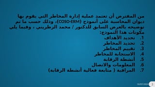 10/07/2024 3
‫بها‬ ‫يقوم‬ ‫التي‬ ‫المخاطر‬ ‫إدارة‬ ‫عملية‬ ‫تعتمد‬ ‫أن‬ ‫المفترض‬ ‫من‬
‫على‬ ‫المحاسبة‬ ‫ديوان‬
‫أ‬
‫نموذج‬
(
COSO-ERM
‫تم‬ ‫ما‬ ‫حسب‬ ‫وذلك‬ ،)
‫يلي‬ ‫وفيما‬ ، ‫الزطريني‬ ‫محمد‬ / ‫للدكتور‬ ‫السابق‬ ‫بالعرض‬ ‫توضيحه‬
:‫النموذج‬ ‫هذا‬ ‫مكونات‬
.1
‫األهداف‬ ‫تحديد‬
.2
‫المخاطر‬ ‫تحديد‬
.3
‫المخاطر‬ ‫تقييم‬
.4
‫للمخاطر‬ ‫االستجابة‬
.5
‫الرقابة‬ ‫أنشطة‬
.6
‫واالتصال‬ ‫المعلومات‬
.7
)‫الرقابة‬ ‫أنشطة‬ ‫فعالية‬ ‫متابعة‬ ( ‫المراقبة‬
 