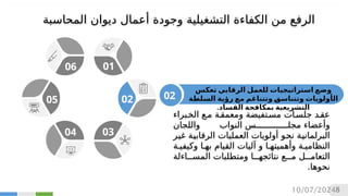 ‫تعكس‬ ‫الرقابي‬ ‫للعمل‬ ‫استراتيجيات‬ ‫وضع‬
‫ال‬
‫أ‬
‫السلطة‬ ‫رؤية‬ ‫مع‬ ‫وتتناغم‬ 2
‫ق‬‫وتتناس‬ ‫ولويات‬
.‫الفساد‬ ‫بمكافحة‬ ‫التشريعية‬
‫الخبراء‬ ‫مع‬ ‫ومعمقة‬ ‫مستفيضة‬ ‫جلسات‬ ‫عقد‬
‫واللجان‬ ‫النواب‬ ‫مجلس‬ ‫وأعضاء‬
‫ر‬
‫ي‬‫غ‬ ‫ة‬
‫ي‬‫الرقاب‬ ‫العمليات‬ ‫أولويات‬ ‫و‬
‫ح‬‫ن‬ ‫ة‬
‫ي‬‫البرلمان‬
‫وكيفية‬ ‫بها‬ ‫القيام‬ ‫آليات‬ ‫و‬ ‫وأهميتها‬ ‫النظامية‬
‫المساءلة‬ ‫ومتطلبات‬ ‫نتائجها‬ ‫مع‬ ‫التعامل‬
.‫نحوها‬
06 01
02
03
04
INSERT
YOUR
TEXT
05 02
10/07/20248
‫وجودة‬ ‫التشغيلية‬ ‫الكفاءة‬ ‫من‬ ‫الرفع‬
‫أ‬
‫المحاسبة‬ ‫ديوان‬ ‫عمال‬
 