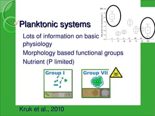 Planktonic systems
 Lots of information on basic 
 physiology
 Morphology based functional groups
 Nutrient (P limited)
         Group I     Group VII




Kruk et al., 2010
 