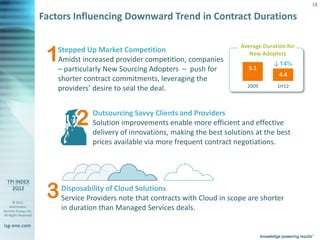 18

                       Factors Influencing Downward Trend in Contract Durations

                                                                                           Average Duration for
                               Stepped Up Market Competition                                  New Adopters
                               Amidst increased provider competition, companies                        ↓14%
                               – particularly New Sourcing Adopters – push for               5.1
                                                                                                         4.4
                               shorter contract commitments, leveraging the
                                                                                             2009       1H12
                               providers’ desire to seal the deal.


                                             Outsourcing Savvy Clients and Providers
                                             Solution improvements enable more efficient and effective
                                             delivery of innovations, making the best solutions at the best
                                             prices available via more frequent contract negotiations.




                                Disposability of Cloud Solutions
       © 2012
                                Service Providers note that contracts with Cloud in scope are shorter
    Information
Services Group, Inc.
                                in duration than Managed Services deals.
All Rights Reserved


isg-one.com
                       *Contracts with TCV > $25M
 