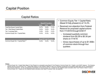 9
Capital Position
Capital Ratios
Note(s)
1. Common Equity Tier 1 Capital Ratio (Basel III Fully Phased-in) is calculated using Basel III Fully Phased-in Common Equity Tier 1 Capital, a non-GAAP measure. The Company
believes that the Common Equity Tier 1 Capital Ratio based on Fully Phased-in Basel III rules is an important complement to the existing capital ratios and for comparability to
other financial institutions. For the corresponding reconciliation of Common Equity Tier 1 Capital and risk weighted assets calculated under Fully Phased-in Basel III rules to
Common Equity Tier 1 Capital and risk weighted assets calculated under Basel III transition rules, see appendix
• Common Equity Tier 1 Capital Ratio
(Basel III fully phased-in) of 14.2%
• Received non-objection from Federal
Reserve for proposed capital actions
from 7/1/2016 through 6/30/17
- Increased quarterly common
dividend from $0.28 to $0.30 per
share on 7/14/16
- Gross repurchases of up to $1.95Bn
of common stock through four
quarters
2Q16 1Q16 2Q15
Total Risk Based Capital Ratio 16.7% 16.8% 17.2%
Tier 1 Risk Based Capital Ratio 15.0% 15.0% 15.3%
Tier 1 Leverage Ratio 12.8% 12.8% 13.2%
Common Equity Tier 1 Capital Ratio 14.3% 14.3% 14.5%
Common Equity Tier 1 Capital Ratio
(1)
14.2% 14.2% 14.4%
Basel III Fully Phased-in
Basel III Transition
 