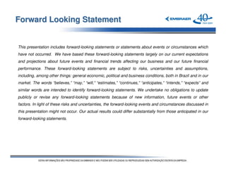 Forward Looking Statement


This presentation includes forward-looking statements or statements about events or circumstances which
have not occurred. We have based these forward-looking statements largely on our current expectations
and projections about future events and financial trends affecting our business and our future financial
performance. These forward-looking statements are subject to risks, uncertainties and assumptions,
including, among other things: general economic, political and business conditions, both in Brazil and in our
market. The words “believes,” “may,” “will,” “estimates,” “continues,” “anticipates,” “intends,” “expects” and
similar words are intended to identify forward-looking statements. We undertake no obligations to update
publicly or revise any forward-looking statements because of new information, future events or other
factors. In light of these risks and uncertainties, the forward-looking events and circumstances discussed in
this presentation might not occur. Our actual results could differ substantially from those anticipated in our
forward-looking statements.
 