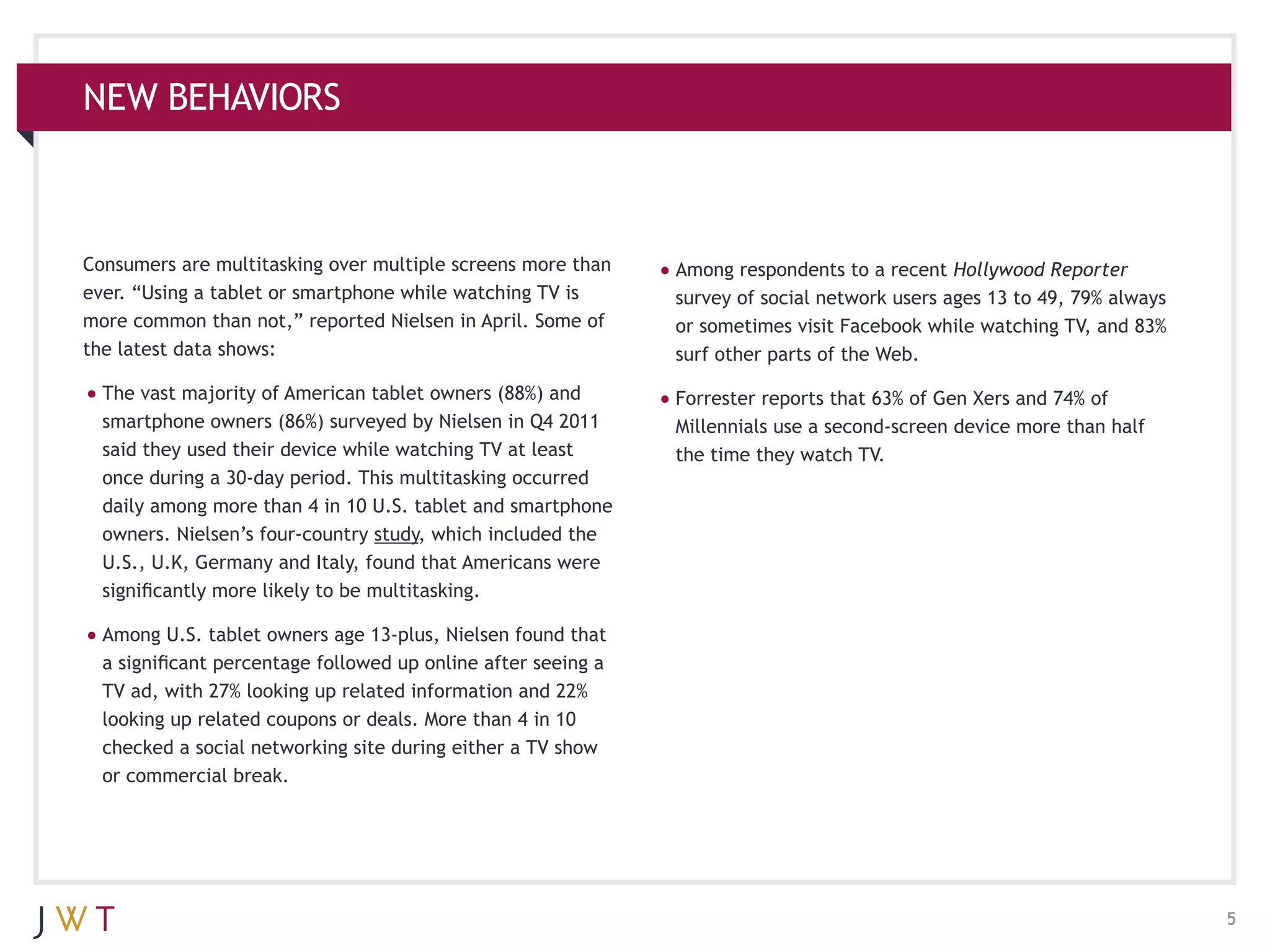 NEW BEHAVIORS



Consumers are multitasking over multiple screens more than     •	Among respondents to a recent Hollywood Reporter
ever. “Using a tablet or smartphone while watching TV is        survey of social network users ages 13 to 49, 79% always
more common than not,” reported Nielsen in April. Some of       or sometimes visit Facebook while watching TV, and 83%
the latest data shows:                                          surf other parts of the Web.

•	The vast majority of American tablet owners (88%) and        •	Forrester reports that 63% of Gen Xers and 74% of
  smartphone owners (86%) surveyed by Nielsen in Q4 2011        Millennials use a second-screen device more than half
  said they used their device while watching TV at least        the time they watch TV.
  once during a 30-day period. This multitasking occurred
  daily among more than 4 in 10 U.S. tablet and smartphone
  owners. Nielsen’s four-country study, which included the
  U.S., U.K, Germany and Italy, found that Americans were
  significantly more likely to be multitasking.

•	Among U.S. tablet owners age 13-plus, Nielsen found that
  a significant percentage followed up online after seeing a
  TV ad, with 27% looking up related information and 22%
  looking up related coupons or deals. More than 4 in 10
  checked a social networking site during either a TV show
  or commercial break.




                                                                                                                           5
 