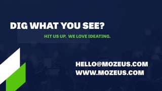 DIG WHAT YOU SEE?
HELLO@MOZEUS.COM
HIT US UP. WE LOVE IDEATING.
WWW.MOZEUS.COM
 