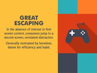 GREAT
ESCAPING
In the absence of interest in first
screen content, consumers jump to a
second screen, unrelated distraction.
Generally motivated by boredom,
desire for efficiency and habit.
 