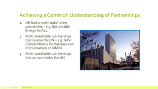 Achieving a Common Understanding of Partnerships
1. UN lead a multi-stakeholder
partnership – e.g. Sustainable
Energy for ALL
2. Multi-stakeholder partnerships
that involve the UN – e.g. GAVI
(Global Alliance forVaccines and
Immunisation) or GRAIN
3. Multi-stakeholder partnerships
that do not involve the UN
July 22, 2012 Footer text here3
 