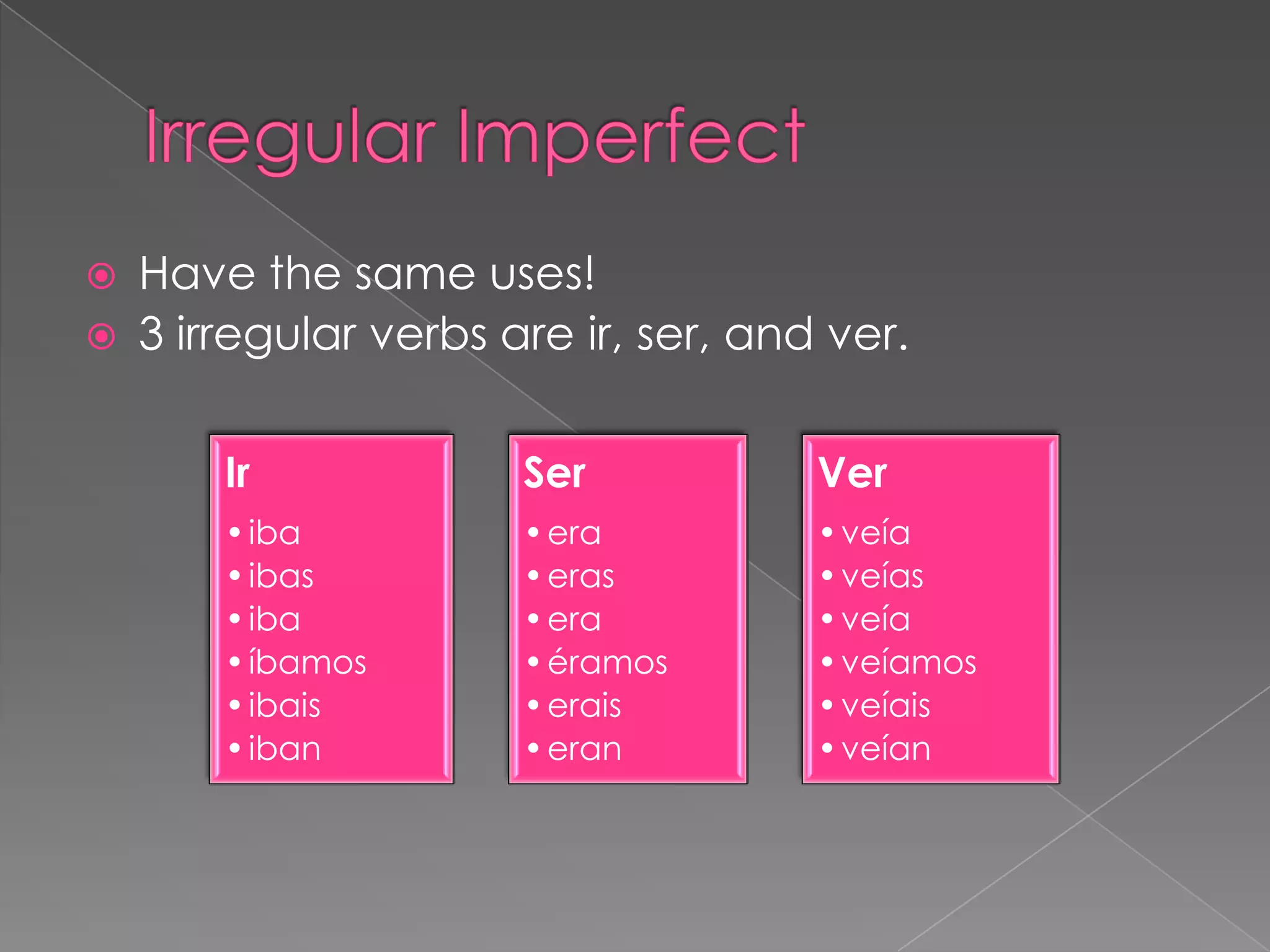    Have the same uses!
   3 irregular verbs are ir, ser, and ver.

        Ir             Ser            Ver
        • iba          • era          • veía
        • ibas         • eras         • veías
        • iba          • era          • veía
        • íbamos       • éramos       • veíamos
        • ibais        • erais        • veíais
        • iban         • eran         • veían
 