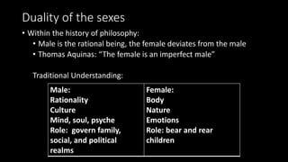 Duality of the sexes
• Within the history of philosophy:
• Male is the rational being, the female deviates from the male
• Thomas Aquinas: “The female is an imperfect male”
Traditional Understanding:
Male:
Rationality
Culture
Mind, soul, psyche
Role: govern family,
social, and political
realms
Female:
Body
Nature
Emotions
Role: bear and rear
children
 