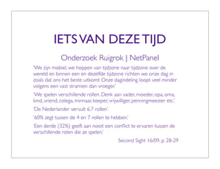 IETS VAN DEZE TIJD
              Onderzoek Ruigrok | NetPanel
‘We zijn mobiel, we hoppen van tijdzone naar tijdzone over de
wereld en binnen een en dezelfde tijdzone richten we onze dag in
zoals dat ons het beste uitkomt Onze dagindeling loopt veel minder
volgens een vast stramien dan vroeger.’
‘We spelen verschillende rollen. Denk aan vader, moeder, opa, oma,
kind, vriend, colega, minnaar, keeper, vrijwilliger, penningmeester etc.’
‘De Nederlander vervult 6,7 rollen’
’60% zegt tussen de 4 en 7 rollen te hebben.’
‘Een derde (32%) geeft aan nooit een conﬂict te ervaren tussen de
verschillende rolen die ze spelen.’
                                           Second Sight 16/09, p. 28-29
 
