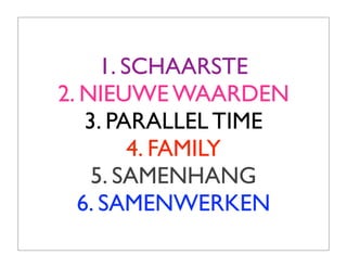 1. SCHAARSTE
2. NIEUWE WAARDEN
   3. PARALLEL TIME
         4. FAMILY
    5. SAMENHANG
  6. SAMENWERKEN
 