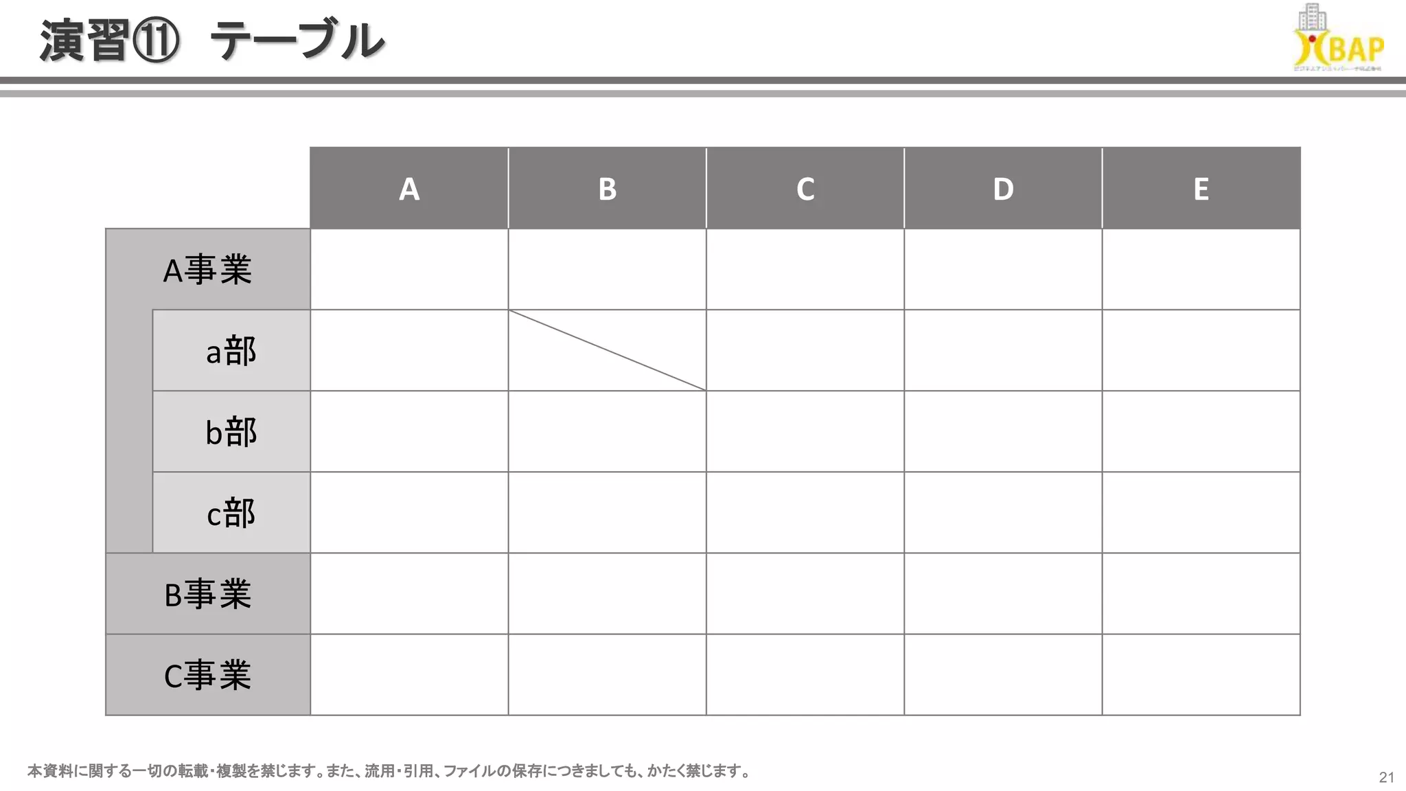 本資料に関する一切の転載・複製を禁じます。また、流用・引用、ファイルの保存につきましても、かたく禁じます。本資料に関する一切の転載・複製を禁じます。また、流用・引用、ファイルの保存につきましても、かたく禁じます。 21
演習⑪ テーブル
A B C D E
A事業
a部
b部
c部
B事業
C事業
 